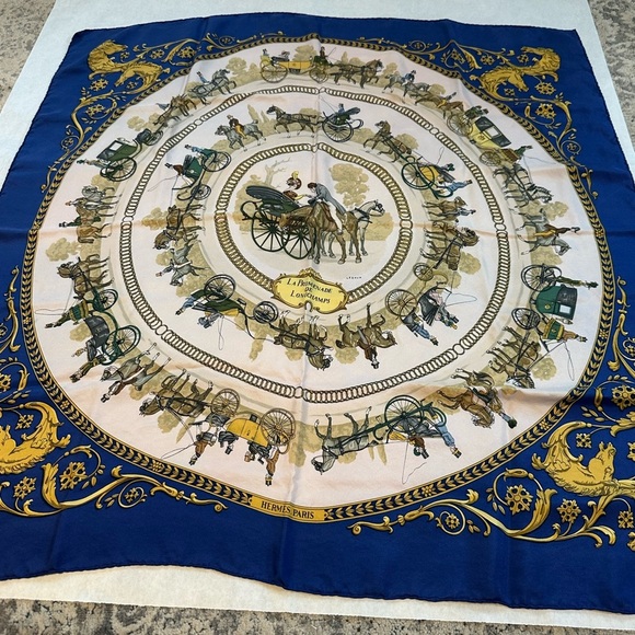 Hermes Blue and Gold Equestrian Scarf - Picture 2 of 5
